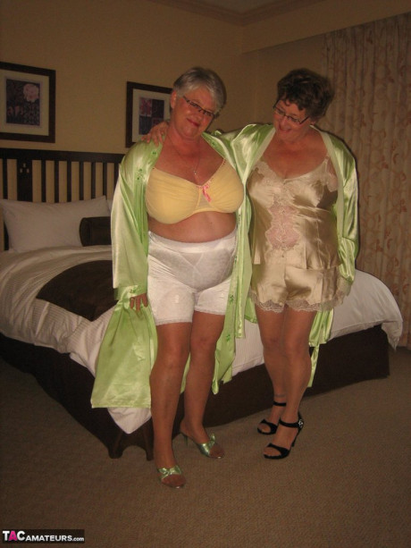 Fatty old Girdle Goddess & her horny friend stripping to lick hard nipples