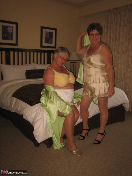 Fatty old Girdle Goddess & her horny friend stripping to lick hard nipples