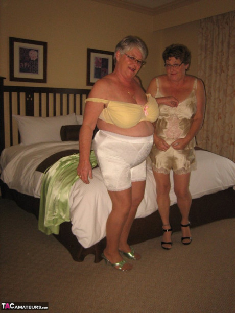 Fatty old Girdle Goddess & her horny friend stripping to lick hard nipples