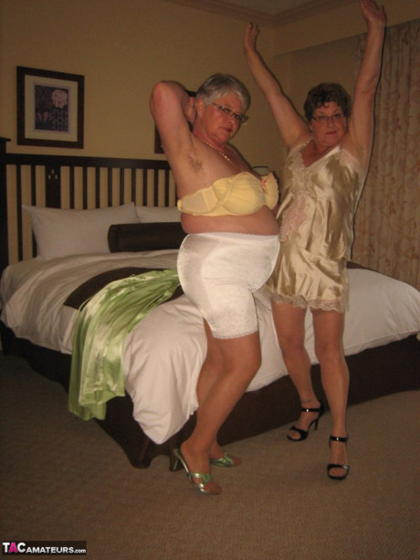 Fatty old Girdle Goddess & her horny friend stripping to lick hard nipples