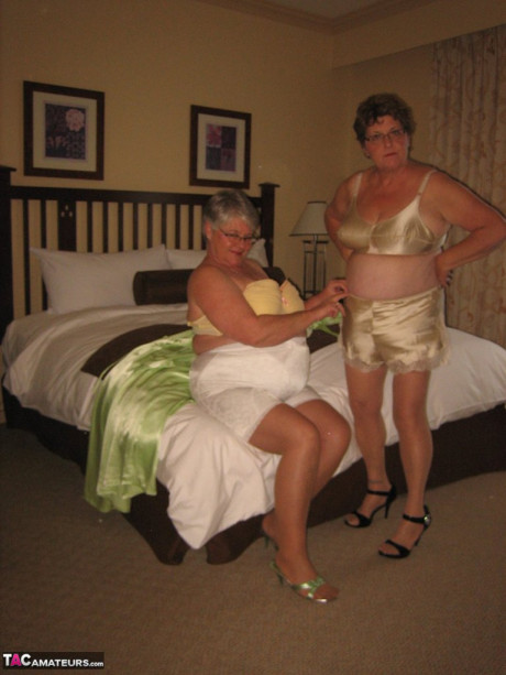 Fatty old Girdle Goddess & her horny friend stripping to lick hard nipples