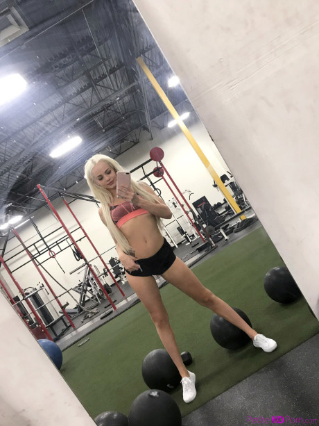 Adorable teenie Elsa Jean gets her small cunt filled with huge knob in the gym