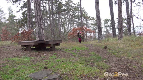 Blonde slut gf broad with a shaved vagina Jarushka Ross pees while walking in the woods
