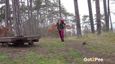 Blonde slut gf broad with a shaved vagina Jarushka Ross pees while walking in the woods