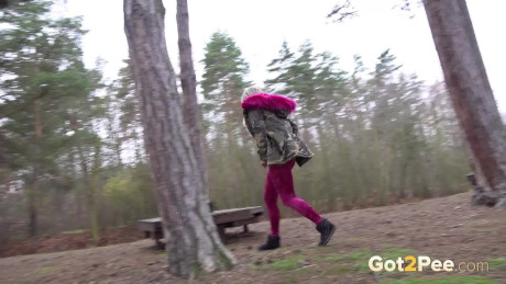 Blonde slut gf broad with a shaved vagina Jarushka Ross pees while walking in the woods