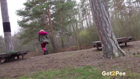 Blonde slut gf broad with a shaved vagina Jarushka Ross pees while walking in the woods