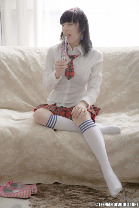 Busty schoolgirl Serena blows a thick cock while riding her booty on another one