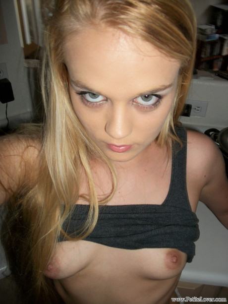 Thin amateur Bri Skies takes selfies while exposing her melons and pussy