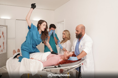 Nasty nurses have hardcore anal sex in a gangbang with a patient