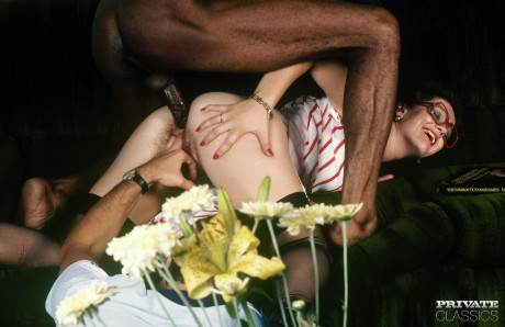 Caucasian bitch broad with short brunette hair gets jizz on glasses during MMF sex