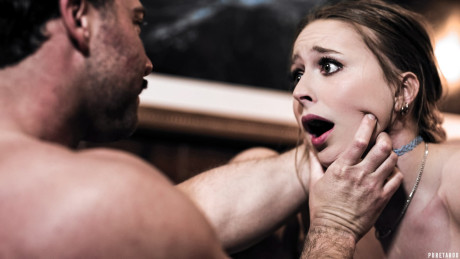 Caucasian teenie Laney Grey gets spit roasted by cougar guys on a couch