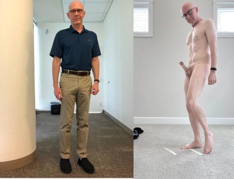 Wild gay old man man guy with glasses strips and shows his hard rod & behind