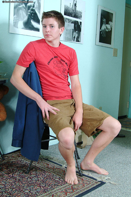 Fresh young gay Derrek strips & strokes his bushy cock until he busts