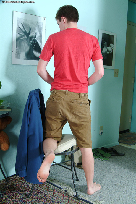 Fresh young gay Derrek strips & strokes his bushy cock until he busts