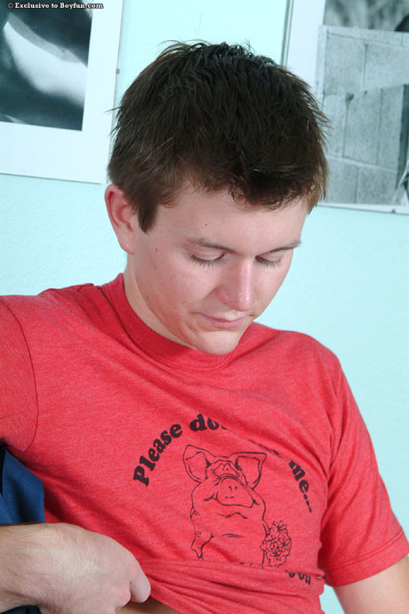 Fresh young gay Derrek strips & strokes his bushy cock until he busts