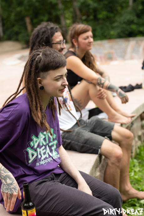 Gender fluid body modifiers get somewhat undressed while having a backyard party