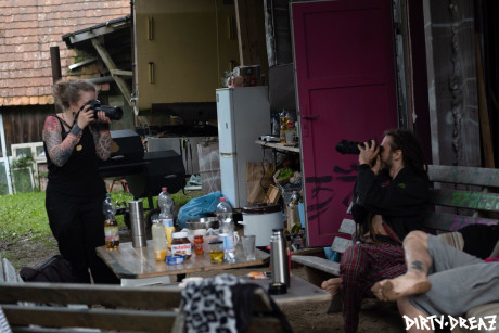 Gender fluid body modifiers get somewhat undressed while having a backyard party