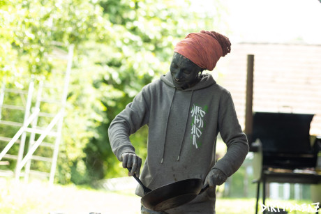 Gender fluid body modifiers get somewhat undressed while having a backyard party