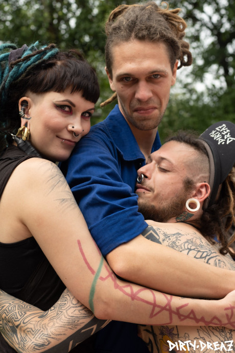 Gender fluid body modifiers get somewhat undressed while having a backyard party