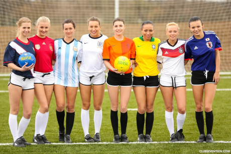 Naughty soccer babes strip each other and flaunt their melons on a soccer pitch