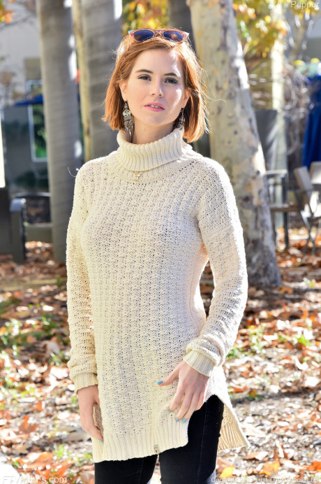 Pretty MILF Pepper flashes her perky titties and booty in public on a chilly day