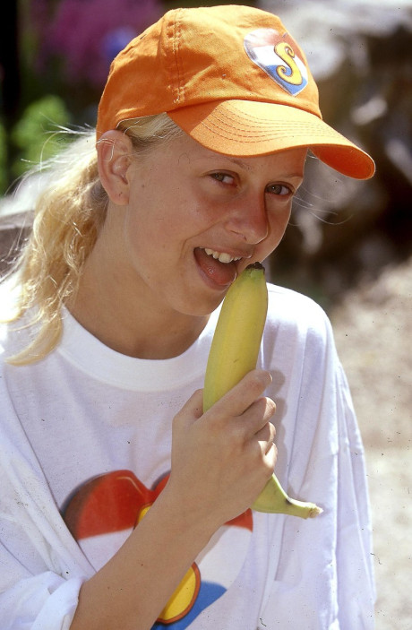 Lusty enormous tited young Stephanie A fucks herself with a banana outdoors