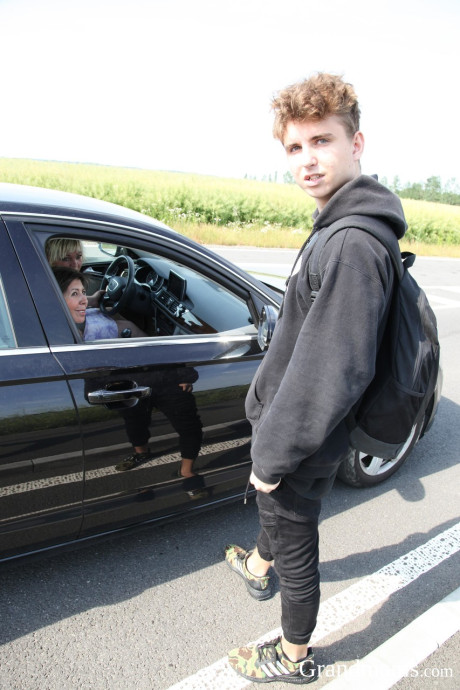 Chubby blonde old lady Stacey and her friend bang a lucky teen hitchhiker