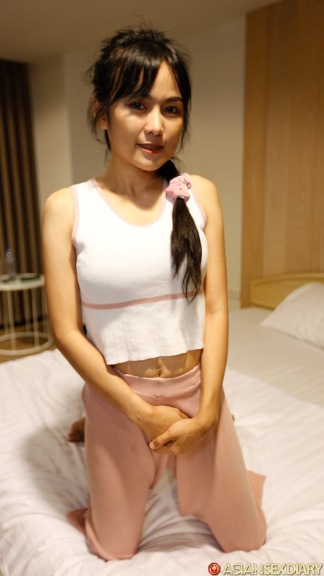 Ravishing fine oriental babe Aye shows her sweet tasty titties before having POV sex