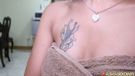 Lovely brunette Jenny shows her creampied shaved vagina after some hardcore sex