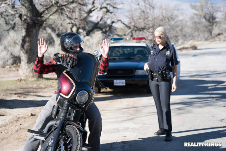 Yellow-haired Spanish copper Bridgette B mounts a hot criminal on the cop car