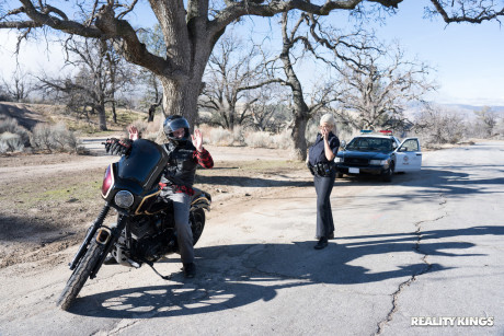 Yellow-haired Spanish copper Bridgette B mounts a hot criminal on the cop car