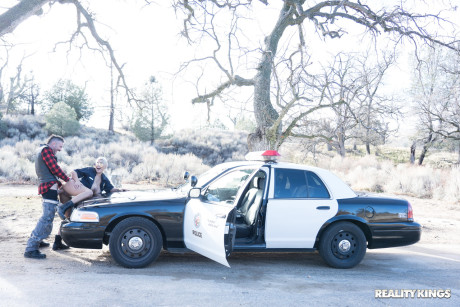 Yellow-haired Spanish copper Bridgette B mounts a hot criminal on the cop car