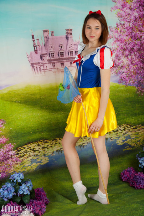 Sweet teen cosplay skank girlfriend broad Slava strips her costume to spread with bareback feet