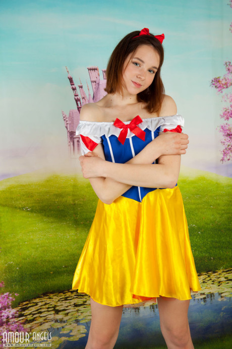 Sweet teen cosplay skank girlfriend broad Slava strips her costume to spread with bareback feet