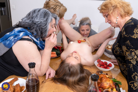 Chunky older women eat food off a undressed fresh teenie bitch gf woman before receiving cunnilingus