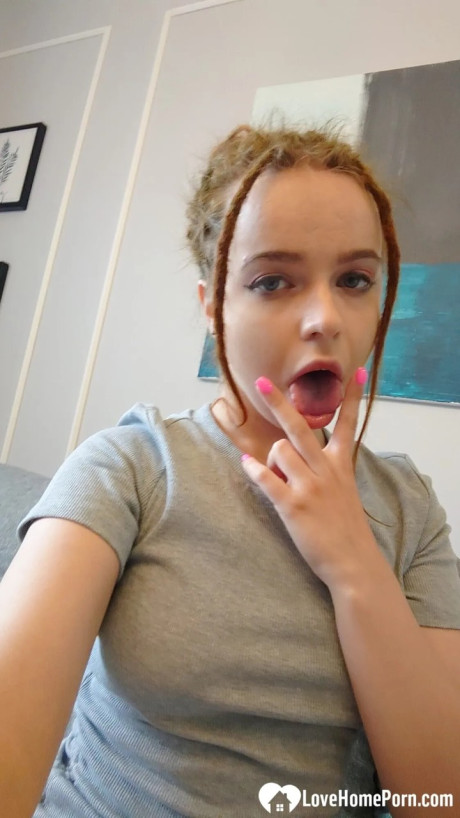 Playful ginger head amateur exposes her tiny boobs in her selfie compilation