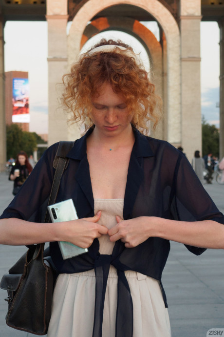 Redhead Arina Bik flashes her tits in public & poses in her undergarment at home