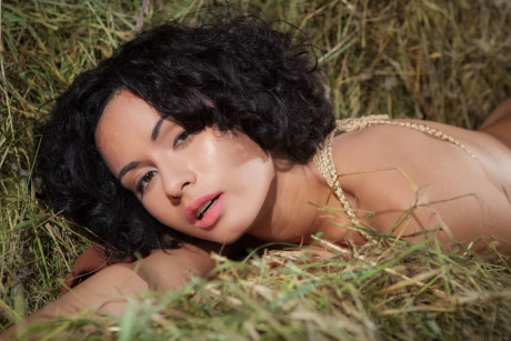 Ravishing young Pammie Lee unveils her amazing huge titties and poses in the hay