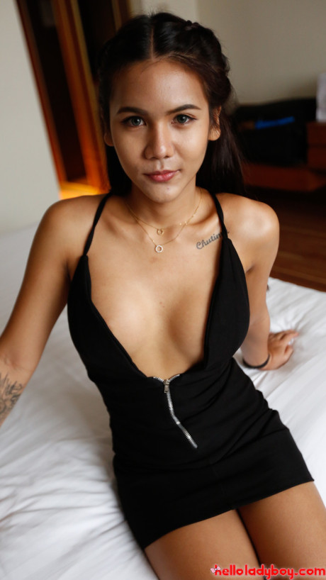 Brunette chinese teenie Tess B shows her humongous titties and poses in a hotel room