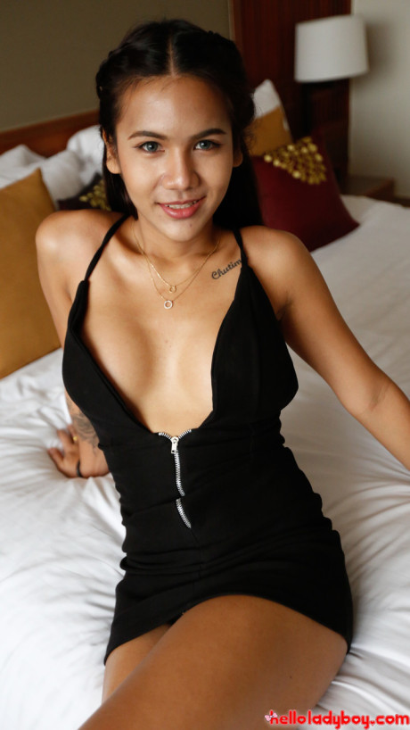 Brunette chinese teenie Tess B shows her humongous titties and poses in a hotel room