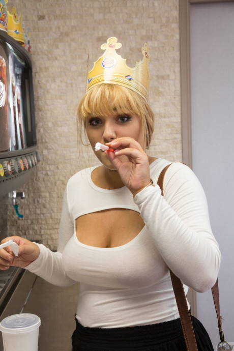Slutty young Gwen Stanberg swallows her big tits at the Burger King restaurant