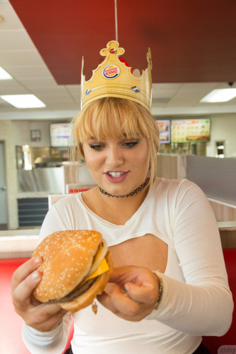 Slutty young Gwen Stanberg swallows her big tits at the Burger King restaurant