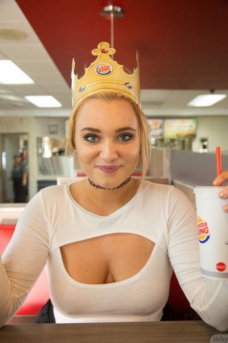 Slutty young Gwen Stanberg swallows her big tits at the Burger King restaurant