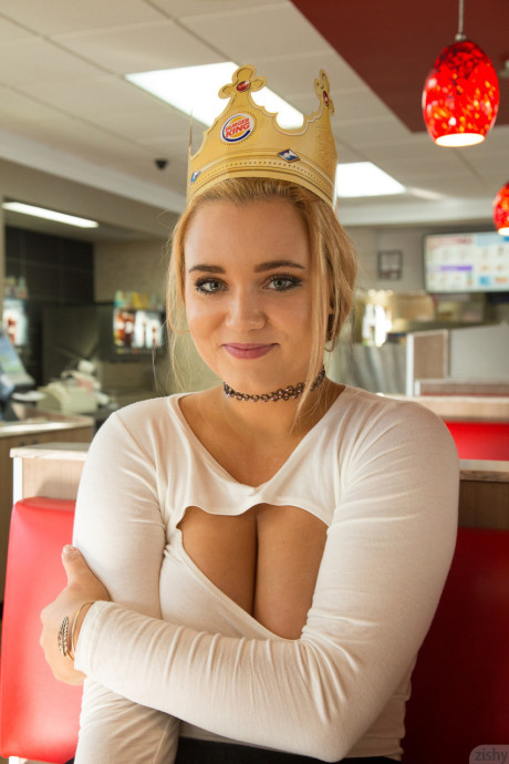 Slutty young Gwen Stanberg swallows her big tits at the Burger King restaurant