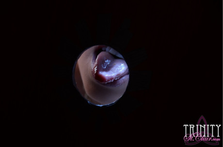 Skinny brunette Trinity St Clair gagging on a giant dong at a gloryhole toilet