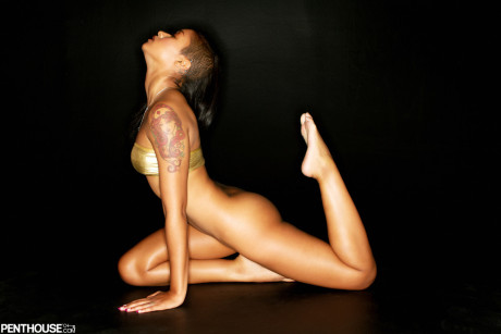 Sexy black model Skin Diamond gets bare undressed for a centerfold shoot