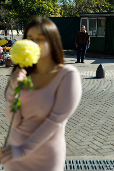 Wild brunette amateur Clara Tribech shows her enormous titties outdoors