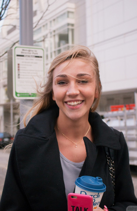 Lovely blondy babe Kendra Sunderland flashing juicy large boobs in public