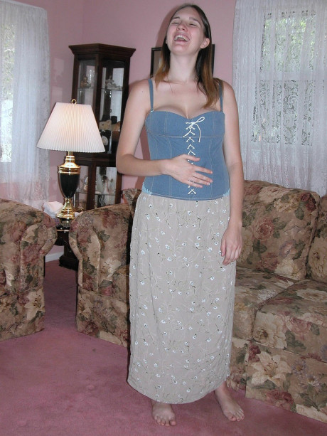Ravishing charming pregnant teenie Natalie strips & spreads her pink snatch on the couch
