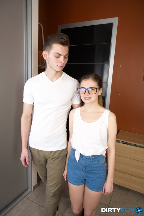 Petite young in glasses Bella Gray rides a monstrous dong & takes a facial cumshot
